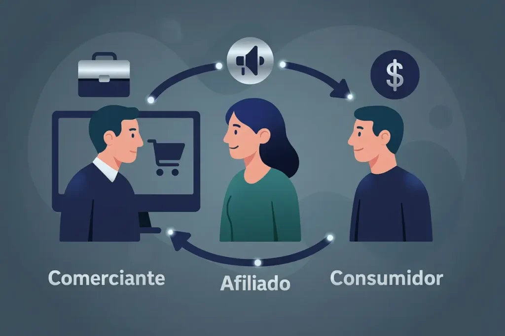 Ilustración del funcionamiento del marketing de afiliados con comerciante, afiliada y consumidor conectados por flechas en un ciclo digital.