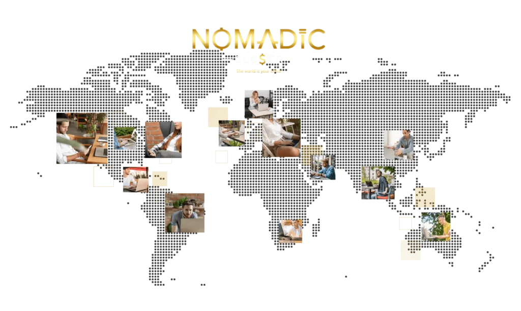 Mapa del mundo que muestra la presencia global de la formación de Nomadic Closer Academy, con fotografías de personas trabajando de forma remota desde distintos países, representando el aprendizaje online y el estilo de vida nómada digital. 