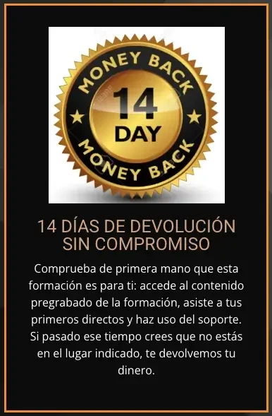 Imagen informativa sobre las garantías del curso Partner 360, incluyendo garantía de devolución de 14 días y garantía de recuperación de la inversión.